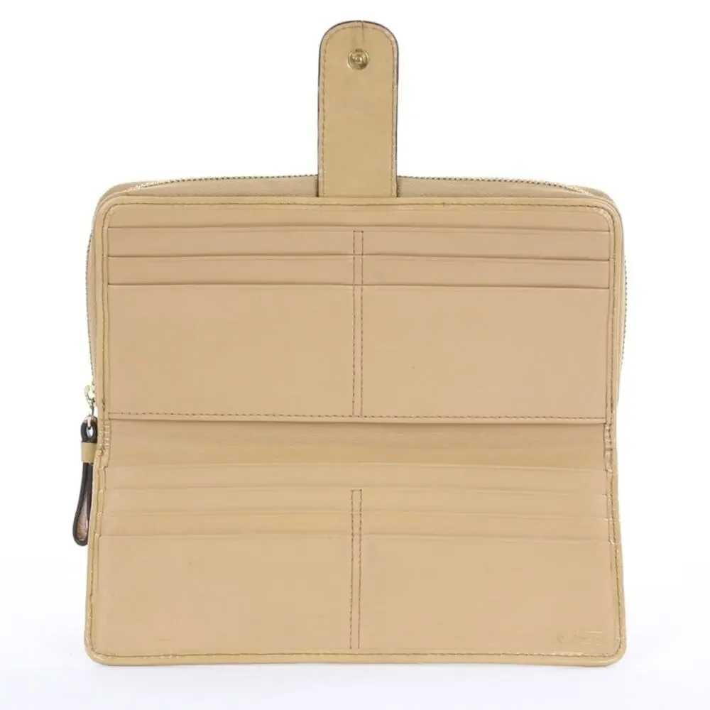 Coach Signature Stripe Checkbook Wallet Beige Brown Canvas Snap Closure